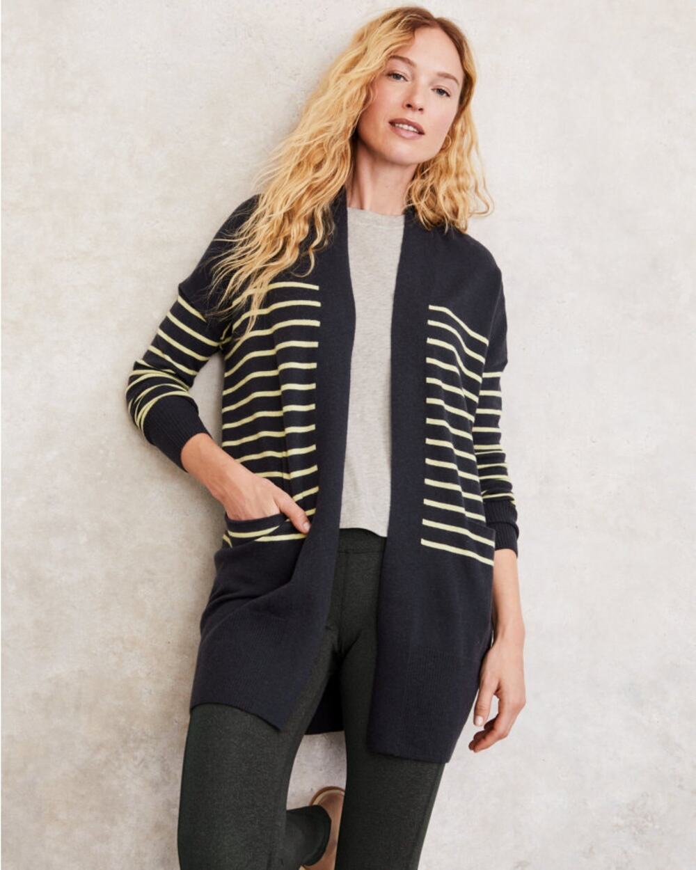 Garnet Hill Merino Wool Organic Cotton Scandi Girl Striped Long Cardigan Large